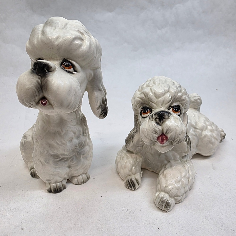 Ceramic Poodle Figurine 4" Set White Vintage Mid Century